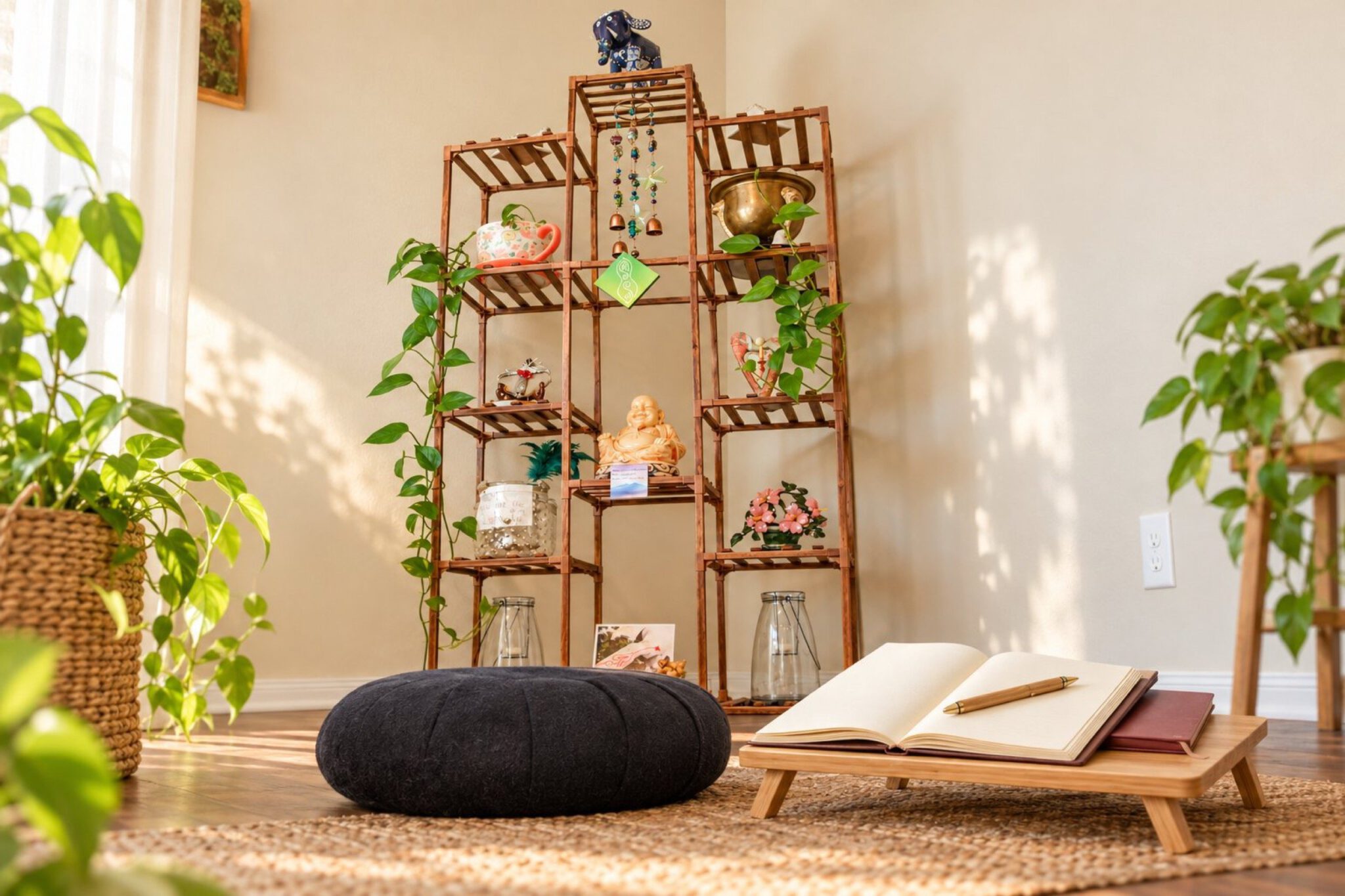 Quiet journaling by the vine-filled shelf